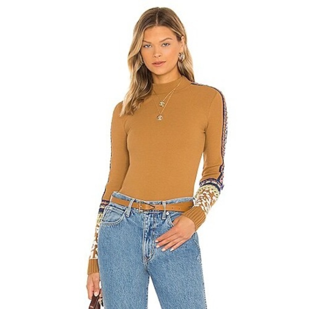Free People "Switch It Up" Cuff Thermal Top Mock Neck Sienna Brown XS Boho